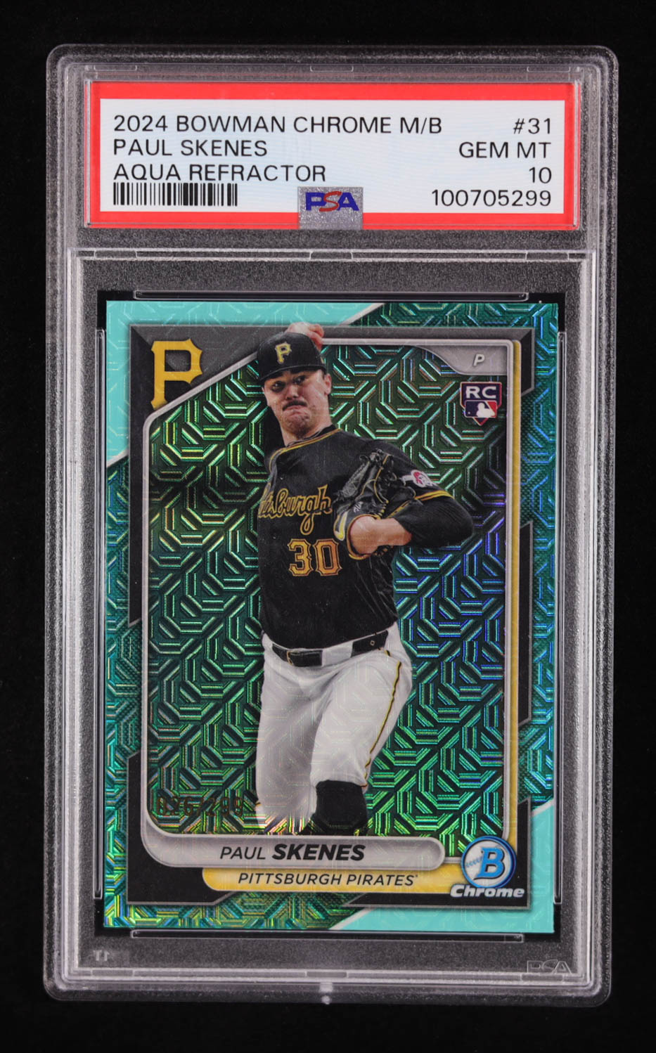 Paul Skenes 2024 Bowman Chrome Mega Box Aqua Refractor #31 RC #26/299 (PSA 10) at PristineAuction.com Paul Skenes 2024 Bowman Chrome Mega Box Aqua Refractor #31 RC #26/299 (PSA 10) at PristineAuction.com