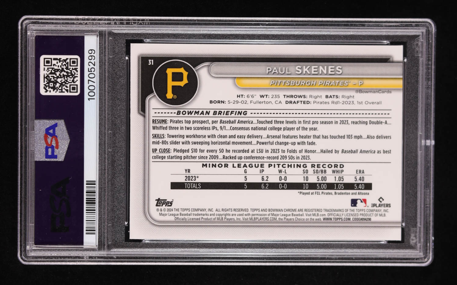 Paul Skenes 2024 Bowman Chrome Mega Box Aqua Refractor #31 RC #26/299 (PSA 10) at PristineAuction.com Paul Skenes 2024 Bowman Chrome Mega Box Aqua Refractor #31 RC #26/299 (PSA 10) at PristineAuction.com