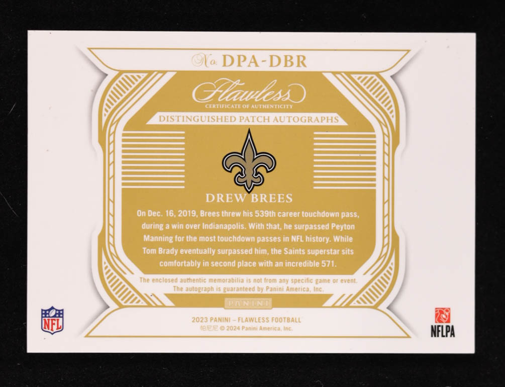 Drew Brees 2023 Panini Flawless Distinguished Patch Autographs Silver #16 #14/20 at PristineAuction.com Drew Brees 2023 Panini Flawless Distinguished Patch Autographs Silver #16 #14/20 at PristineAuction.com