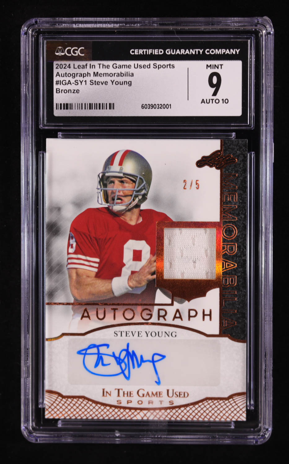 Steve Young 2024 Leaf In The Game Used Sports Autograph Memorabilia Bronze #IGASY1 #2/5 (CGC 9) at PristineAuction.com Steve Young 2024 Leaf In The Game Used Sports Autograph Memorabilia Bronze #IGASY1 #2/5 (CGC 9) at PristineAuction.com
