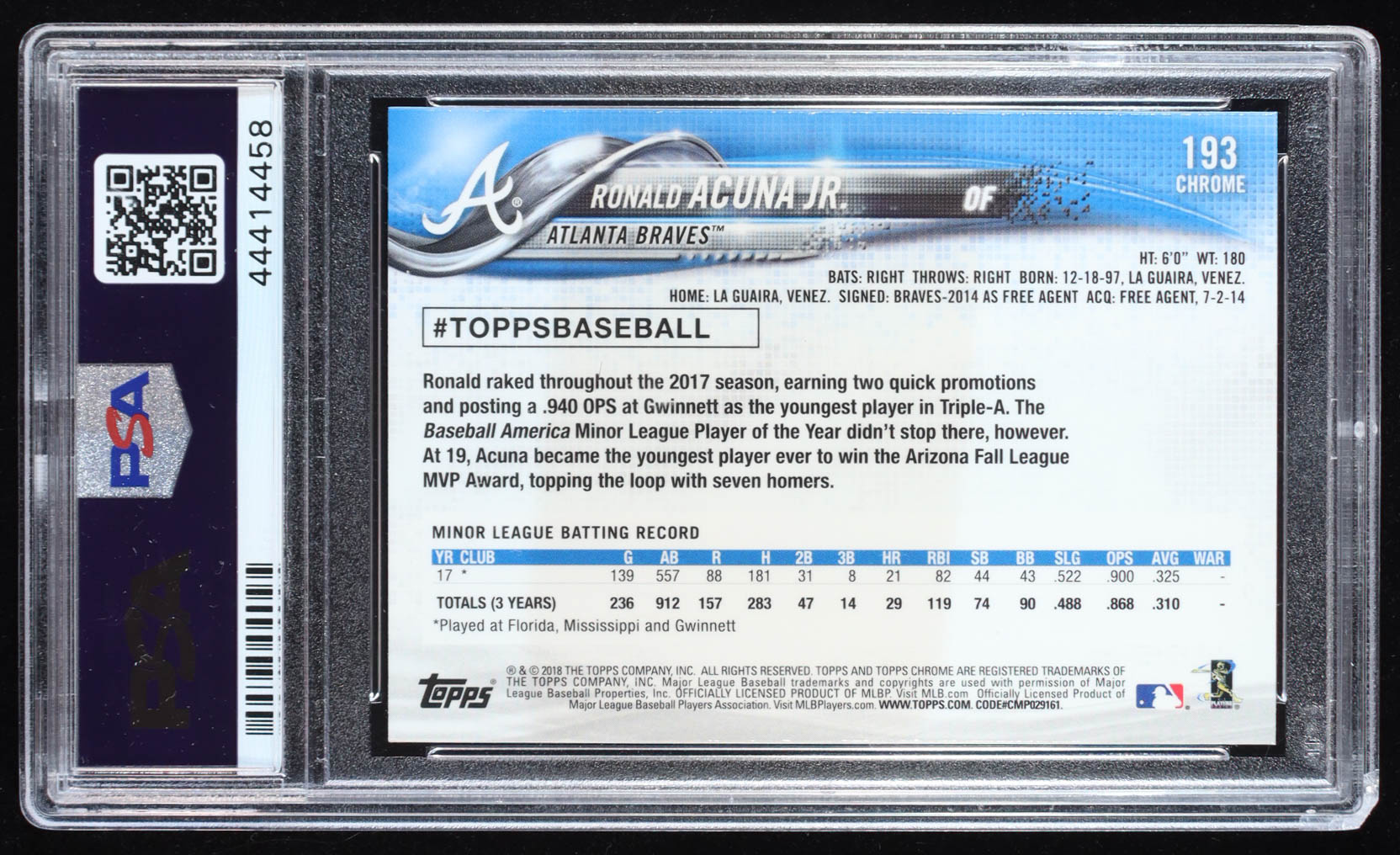 Ronald Acuna Jr. 2018 Topps Chrome #193 RC (PSA 10) at PristineAuction.com Ronald Acuna Jr. 2018 Topps Chrome #193 RC (PSA 10) at PristineAuction.com