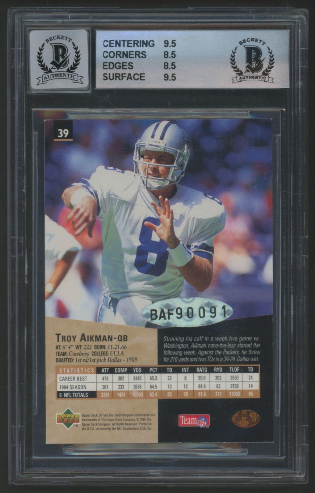 Troy Aikman 1999 SP Authentic Buyback Autographs #5 #61/94 (BGS 8.5 | Autograph Graded 8) at PristineAuction.com Troy Aikman 1999 SP Authentic Buyback Autographs #5 #61/94 (BGS 8.5 | Autograph Graded 8) at PristineAuction.com