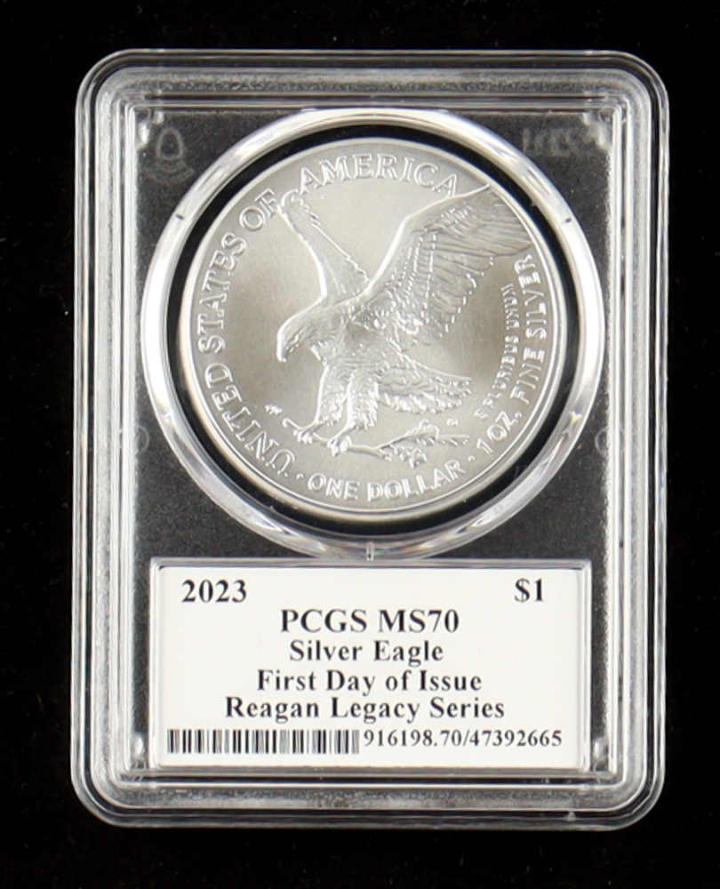 2023 American Silver Eagle, First Day of Issue - Reagan Legacy Series, Hand-Signed (PCGS MS70) at PristineAuction.com 2023 American Silver Eagle, First Day of Issue - Reagan Legacy Series, Hand-Signed (PCGS MS70) at PristineAuction.com