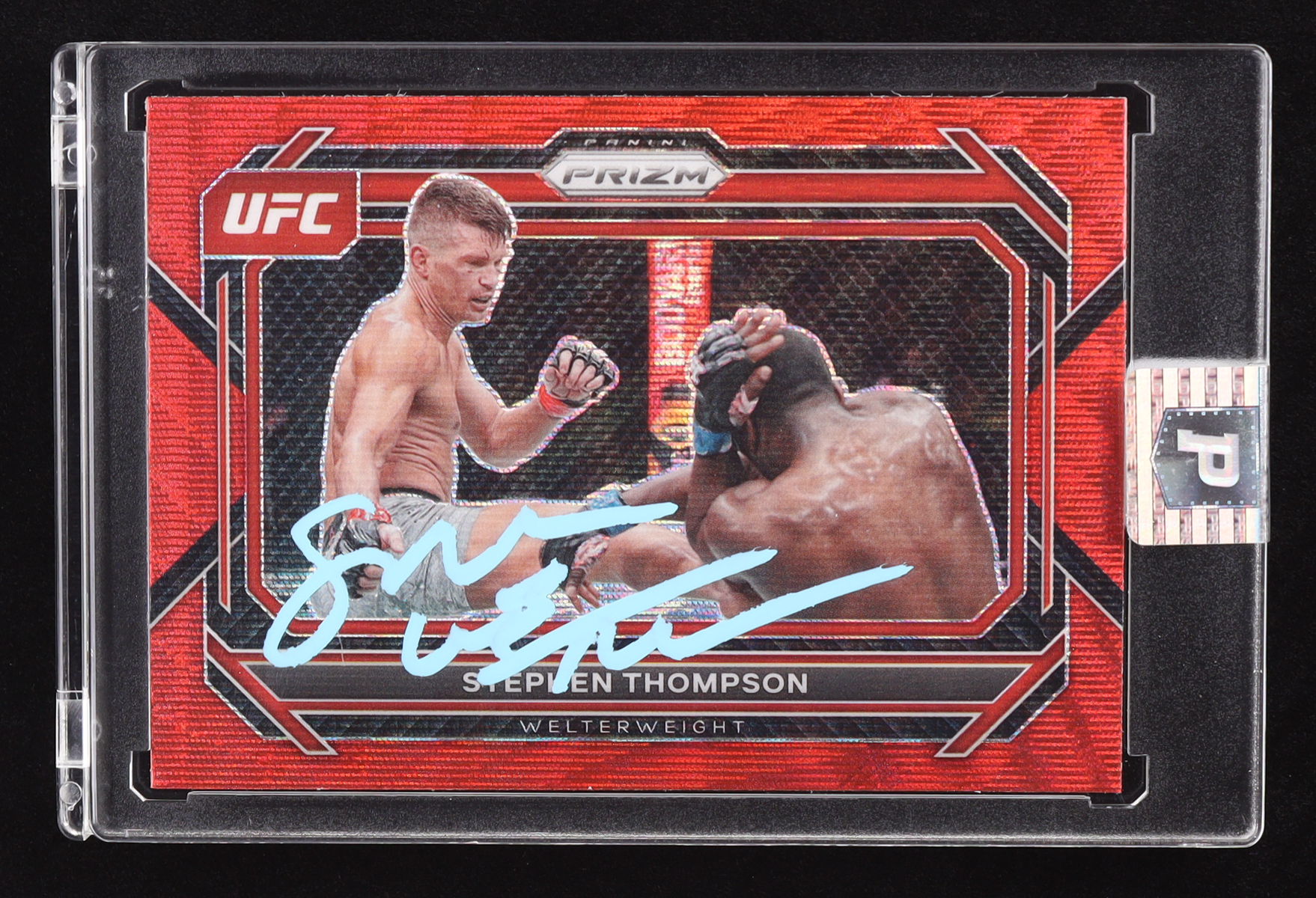 Stephen Thompson Signed 2023 Panini Prizm UFC Prizms Ruby Wave #91 (PA Encapsulated) at PristineAuction.com Stephen Thompson Signed 2023 Panini Prizm UFC Prizms Ruby Wave #91 (PA Encapsulated) at PristineAuction.com