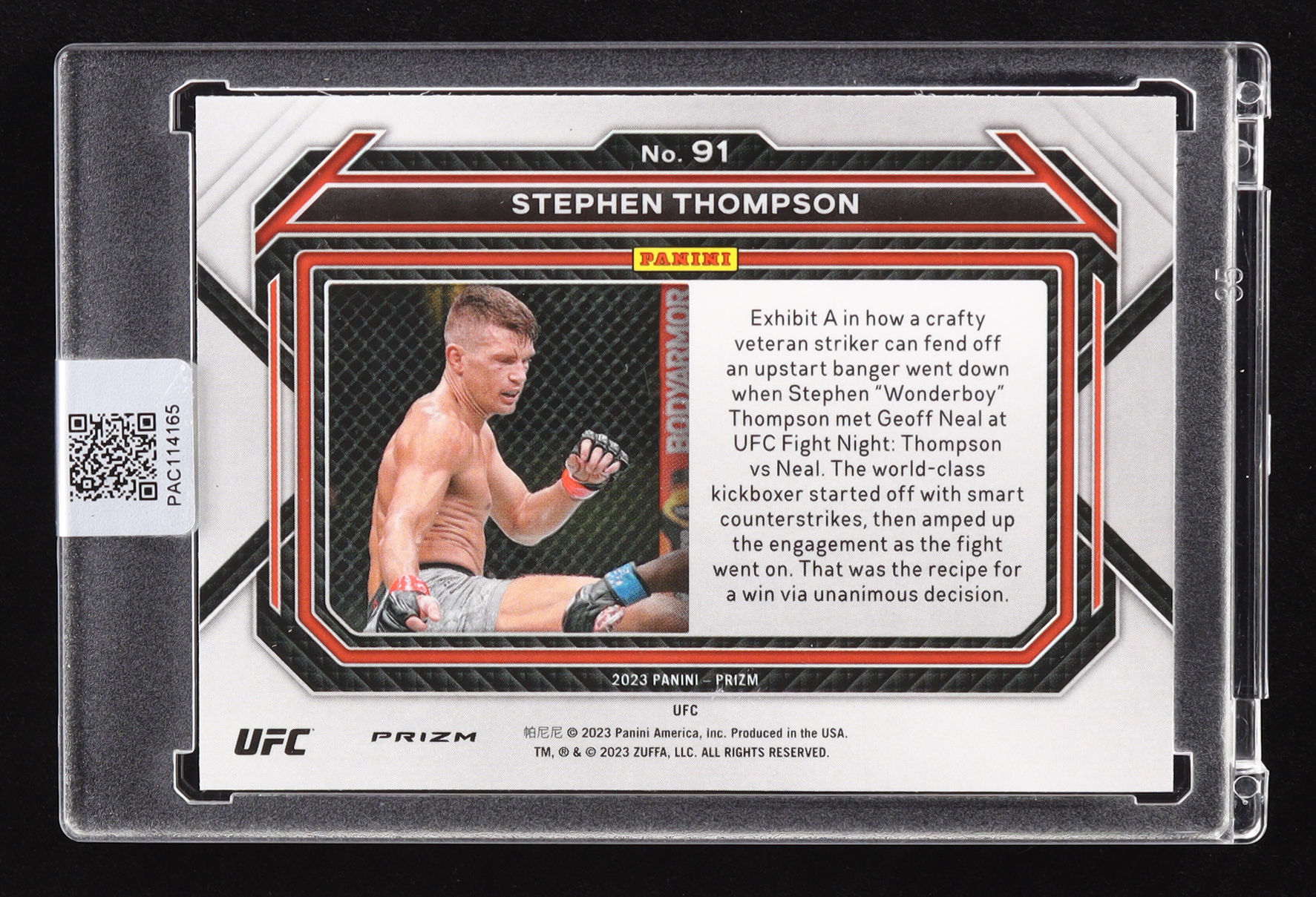 Stephen Thompson Signed 2023 Panini Prizm UFC Prizms Ruby Wave #91 (PA Encapsulated) at PristineAuction.com Stephen Thompson Signed 2023 Panini Prizm UFC Prizms Ruby Wave #91 (PA Encapsulated) at PristineAuction.com