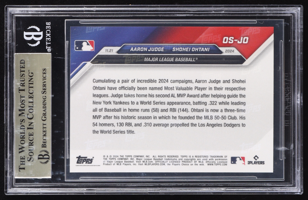 Aaron Judge / Shohei Ohtani 2024 Topps Now Offseason #OSJO (BGS 10) at PristineAuction.com Aaron Judge / Shohei Ohtani 2024 Topps Now Offseason #OSJO (BGS 10) at PristineAuction.com