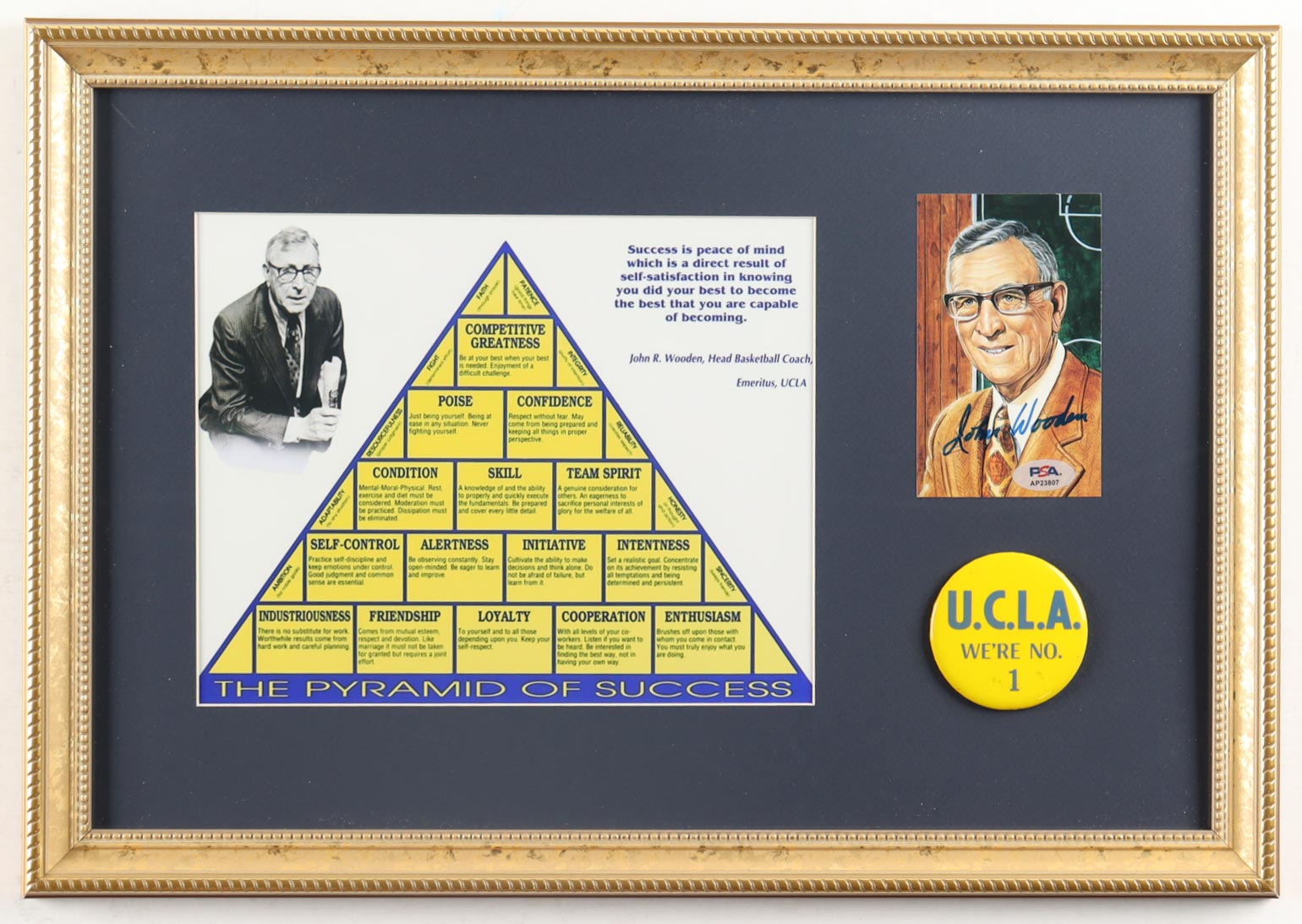 John Wooden Signed Original UCLA Bruins Vintage Art Card with "Pyramid of Success" Print, UCLA Pin & Ribbon (PSA) at PristineAuction.com John Wooden Signed Original UCLA Bruins Vintage Art Card with "Pyramid of Success" Print, UCLA Pin & Ribbon (PSA) at PristineAuction.com