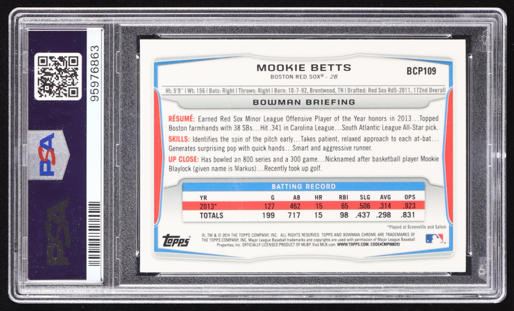 Mookie Betts 2014 Bowman Chrome Prospects #BCP109 RC (PSA 10) at PristineAuction.com Mookie Betts 2014 Bowman Chrome Prospects #BCP109 RC (PSA 10) at PristineAuction.com