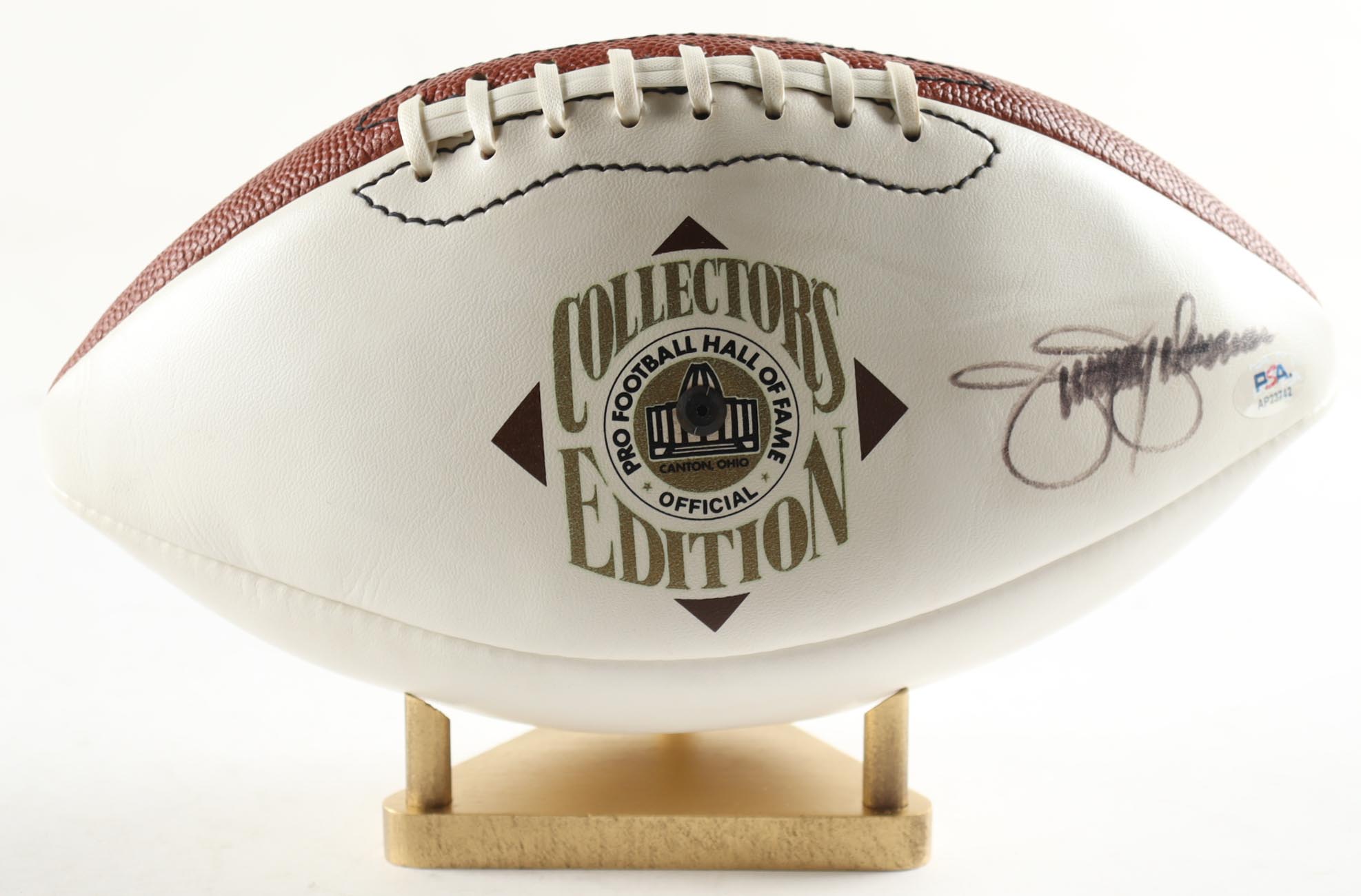 Jimmy Johnson Signed Pro Football Hall of Fame Logo NFL Football with Wood Display Stand (PSA) at PristineAuction.com Jimmy Johnson Signed Pro Football Hall of Fame Logo NFL Football with Wood Display Stand (PSA) at PristineAuction.com