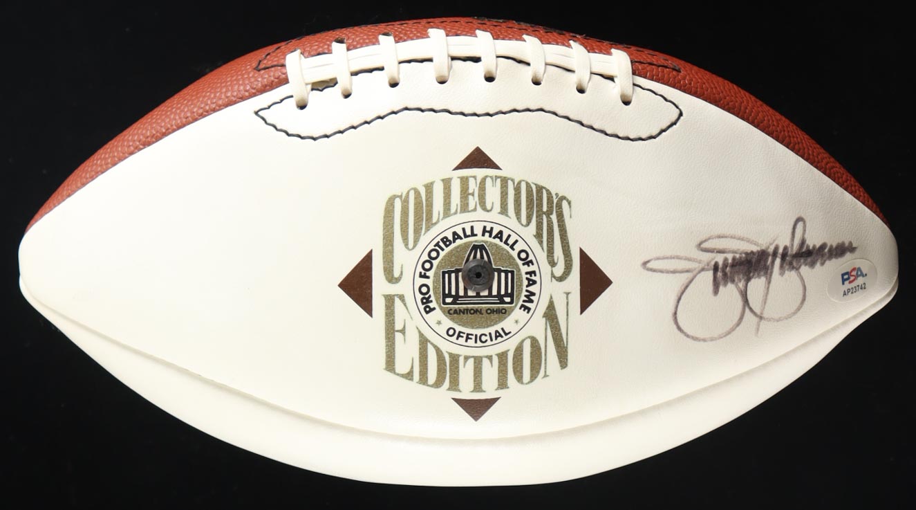 Jimmy Johnson Signed Pro Football Hall of Fame Logo NFL Football with Wood Display Stand (PSA) at PristineAuction.com Jimmy Johnson Signed Pro Football Hall of Fame Logo NFL Football with Wood Display Stand (PSA) at PristineAuction.com