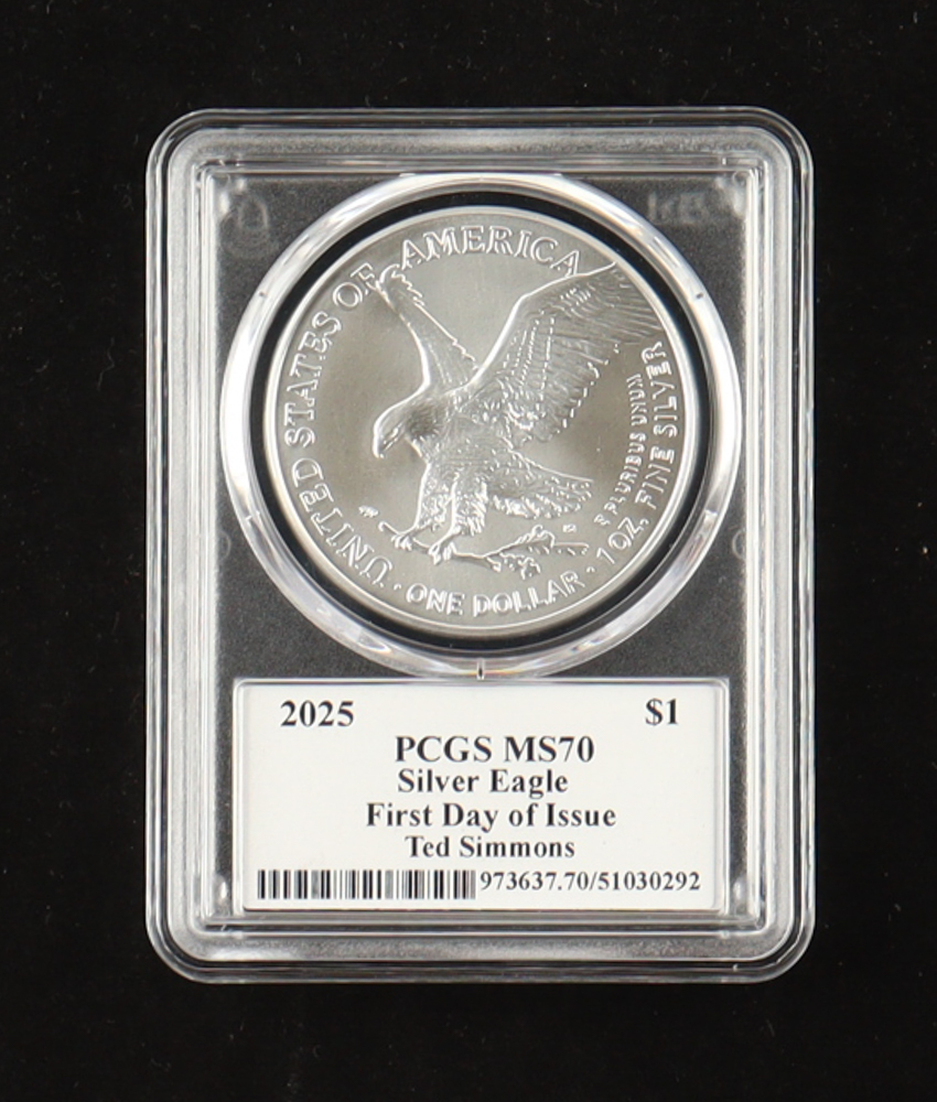2025 American Silver Eagle, First Day of Issue Legends of Life - Ted Simmons Autograph (PSA) (PCGS MS70) at PristineAuction.com 2025 American Silver Eagle, First Day of Issue Legends of Life - Ted Simmons Autograph (PSA) (PCGS MS70) at PristineAuction.com