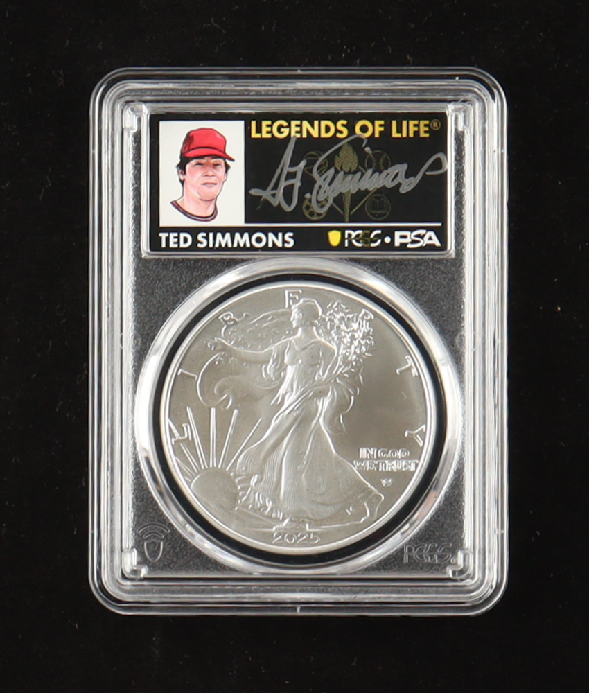 2025 American Silver Eagle, First Day of Issue Legends of Life - Ted Simmons Autograph (PSA) (PCGS MS70) at PristineAuction.com 2025 American Silver Eagle, First Day of Issue Legends of Life - Ted Simmons Autograph (PSA) (PCGS MS70) at PristineAuction.com