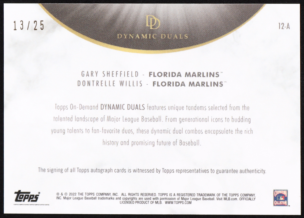 Gary Sheffield / Dontrelle Willis 2022 Topps On Demand Dynamic Duals Dual Autographs Blue #12A #13/25 at PristineAuction.com Gary Sheffield / Dontrelle Willis 2022 Topps On Demand Dynamic Duals Dual Autographs Blue #12A #13/25 at PristineAuction.com