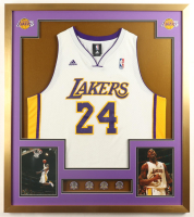 Kobe Bryant Custom Framed #24 Jersey Display With Vintage LE Lakers 2000, 2002, 2009 & 2010 NBA Finals Championship Pins & (2) Team Logo Patches at PristineAuction.com