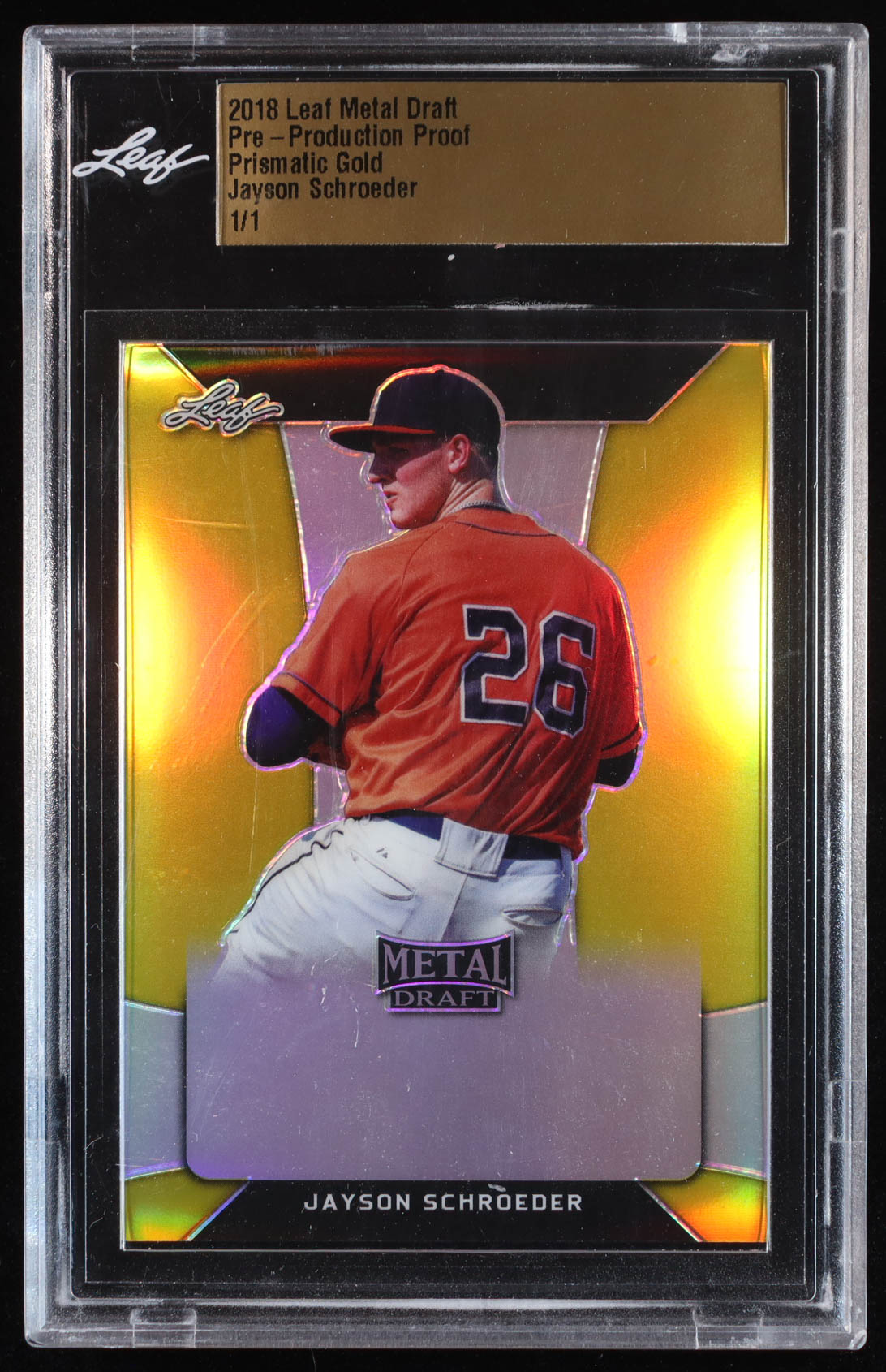 Jayson Schroeder 2018 Leaf Metal Draft Pre-Production Proof Prismatic Gold RC #1/1 (Leaf) at PristineAuction.com Jayson Schroeder 2018 Leaf Metal Draft Pre-Production Proof Prismatic Gold RC #1/1 (Leaf) at PristineAuction.com