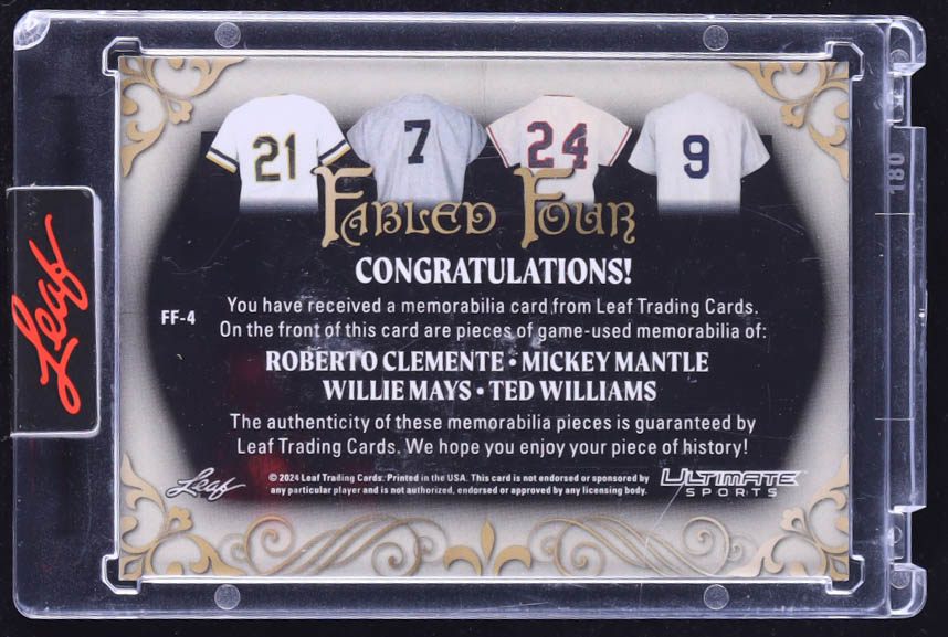 Roberto Clemente / Mickey Mantle / Willie Mays / Ted Williams 2024 Leaf Ultimate Sports Fabled Four Gold #FF4 #1/1 at PristineAuction.com Roberto Clemente / Mickey Mantle / Willie Mays / Ted Williams 2024 Leaf Ultimate Sports Fabled Four Gold #FF4 #1/1 at PristineAuction.com
