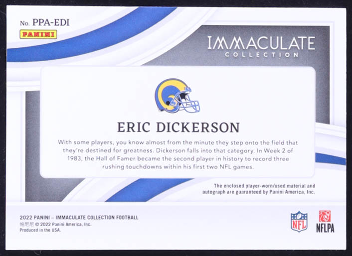 Eric Dickerson 2022 Immaculate Collection Premium Patch Autographs #PPAEDI #14/49 at PristineAuction.com Eric Dickerson 2022 Immaculate Collection Premium Patch Autographs #PPAEDI #14/49 at PristineAuction.com
