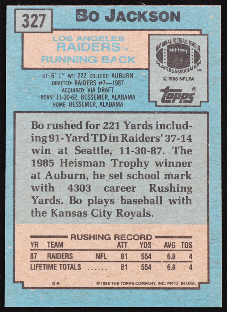 Bo Jackson 1988 Topps #327 SR RC at PristineAuction.com Bo Jackson 1988 Topps #327 SR RC at PristineAuction.com