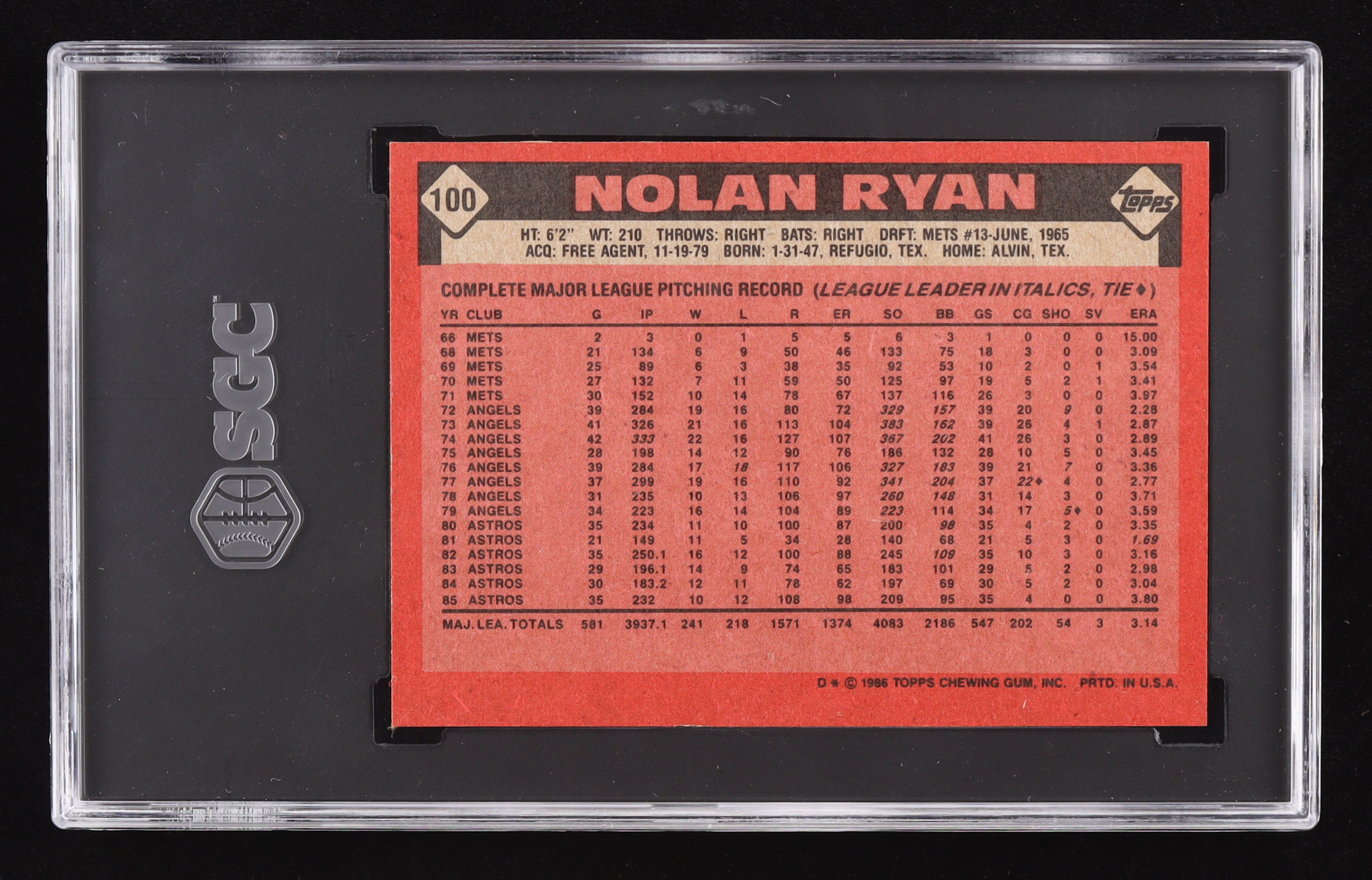 Nolan Ryan 1986 Topps #100 (SGC 7) at PristineAuction.com Nolan Ryan 1986 Topps #100 (SGC 7) at PristineAuction.com