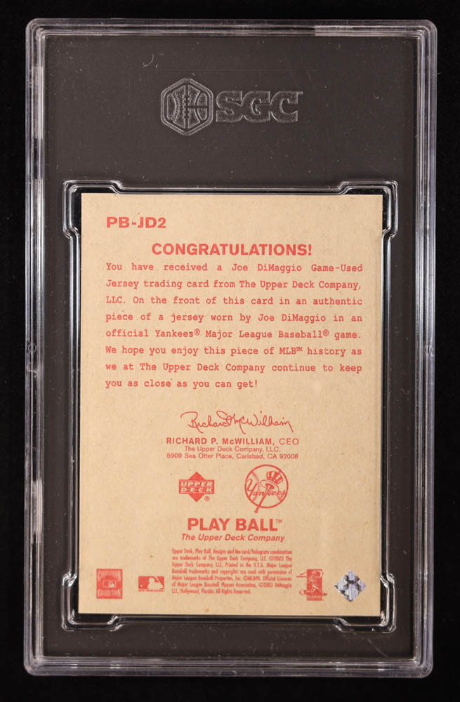 Joe DiMaggio 2003 Upper Deck Play Ball Game Used Memorabilia Tier 2 #PBJD2 #89/150 (SGC 9.5) at PristineAuction.com Joe DiMaggio 2003 Upper Deck Play Ball Game Used Memorabilia Tier 2 #PBJD2 #89/150 (SGC 9.5) at PristineAuction.com