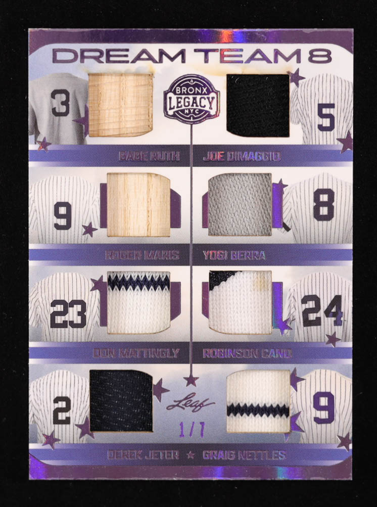 2023 Leaf A Bronx Legacy Dream Team 8 Materials Purple Babe Ruth / Joe DiMaggio / Roger Maris / Yogi Berra / Don Mattingly / Robinson Cano / Derek Jeter / Craig Nettles #DT85 #1/7 at PristineAuction.com 2023 Leaf A Bronx Legacy Dream Team 8 Materials Purple Babe Ruth / Joe DiMaggio / Roger Maris / Yogi Berra / Don Mattingly / Robinson Cano / Derek Jeter / Craig Nettles #DT85 #1/7 at PristineAuction.com