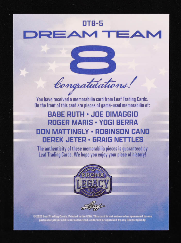 2023 Leaf A Bronx Legacy Dream Team 8 Materials Purple Babe Ruth / Joe DiMaggio / Roger Maris / Yogi Berra / Don Mattingly / Robinson Cano / Derek Jeter / Craig Nettles #DT85 #1/7 at PristineAuction.com 2023 Leaf A Bronx Legacy Dream Team 8 Materials Purple Babe Ruth / Joe DiMaggio / Roger Maris / Yogi Berra / Don Mattingly / Robinson Cano / Derek Jeter / Craig Nettles #DT85 #1/7 at PristineAuction.com