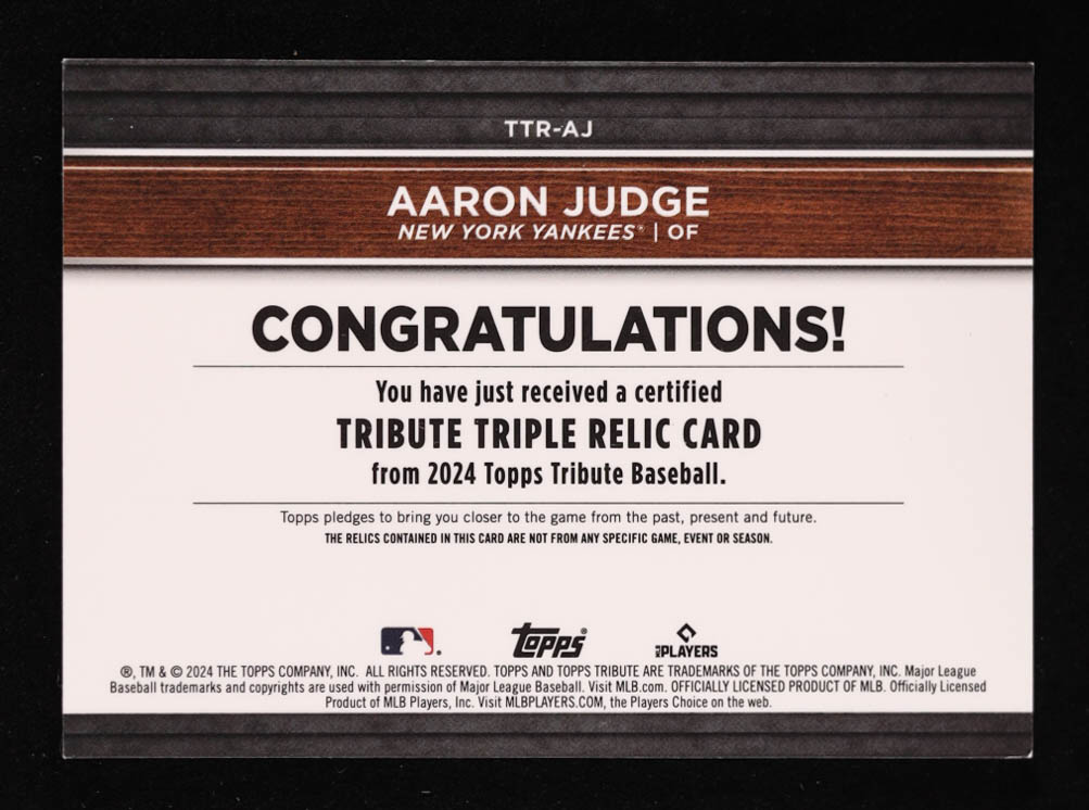Aaron Judge 2024 Topps Tribute Triple Relics Gold #TTRAJ #69/75 at PristineAuction.com Aaron Judge 2024 Topps Tribute Triple Relics Gold #TTRAJ #69/75 at PristineAuction.com