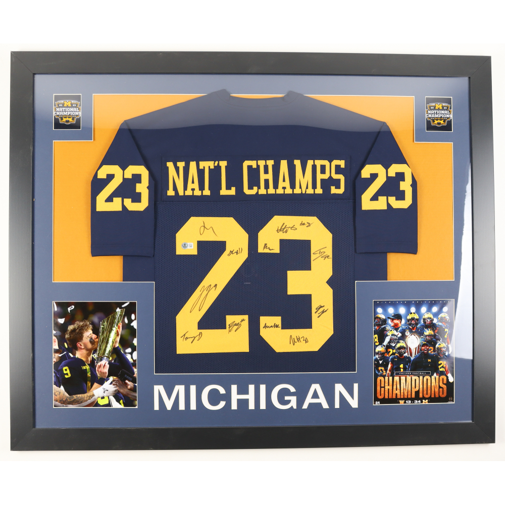 2023 National Champions Michigan Wolverines Custom Framed Jersey Display Signed by (11) with J. J. McCarthy, Tommy Doman, Greg Crippen, Zeke Berry (Beckett) at PristineAuction.com