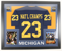 2023 National Champions Michigan Wolverines Custom Framed Jersey Display Signed by (11) with J. J. McCarthy, Tommy Doman, Greg Crippen, Zeke Berry (Beckett) at PristineAuction.com