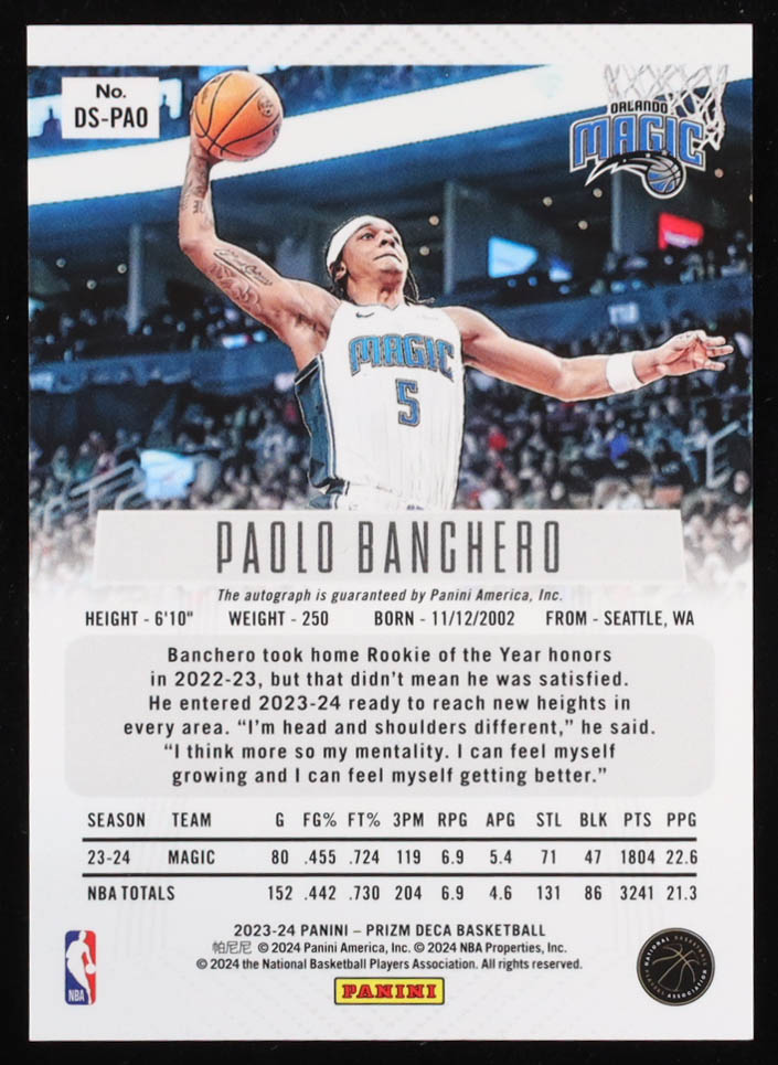 Paolo Banchero 2023-24 Panini Prizm Deca Signatures #7 at PristineAuction.com Paolo Banchero 2023-24 Panini Prizm Deca Signatures #7 at PristineAuction.com