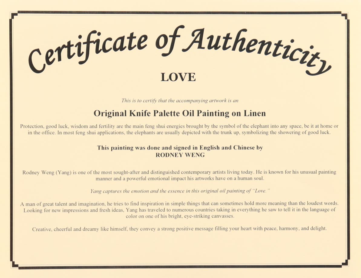 "Love" 25x45.5 Original Oil Painting on Linen by Rodney Weng (Weng) at PristineAuction.com "Love" 25x45.5 Original Oil Painting on Linen by Rodney Weng (Weng) at PristineAuction.com