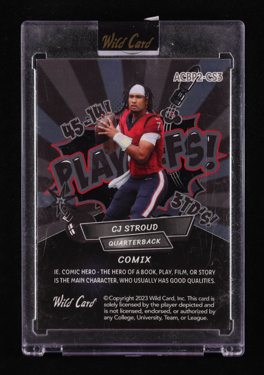 CJ Stroud 2023 Wild Card Alumination Comix Playoffs! Lazer Black #ACBP2-CS3 #2/18 RC at PristineAuction.com CJ Stroud 2023 Wild Card Alumination Comix Playoffs! Lazer Black #ACBP2-CS3 #2/18 RC at PristineAuction.com