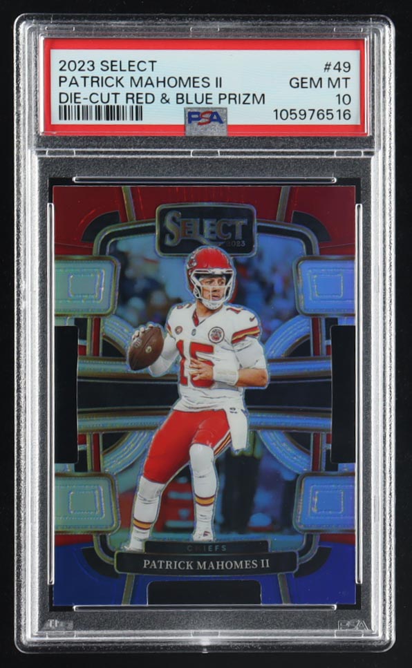 Patrick Mahomes II 2023 Select Prizm Red and Blue Die Cut #49 (PSA 10) at PristineAuction.com Patrick Mahomes II 2023 Select Prizm Red and Blue Die Cut #49 (PSA 10) at PristineAuction.com