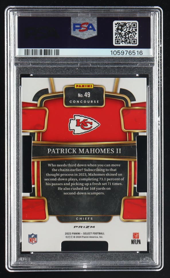 Patrick Mahomes II 2023 Select Prizm Red and Blue Die Cut #49 (PSA 10) at PristineAuction.com Patrick Mahomes II 2023 Select Prizm Red and Blue Die Cut #49 (PSA 10) at PristineAuction.com
