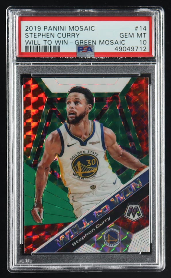 Stephen Curry 2019-20 Panini Mosaic Will to Win Mosaic Green #14 (PSA 10) at PristineAuction.com Stephen Curry 2019-20 Panini Mosaic Will to Win Mosaic Green #14 (PSA 10) at PristineAuction.com