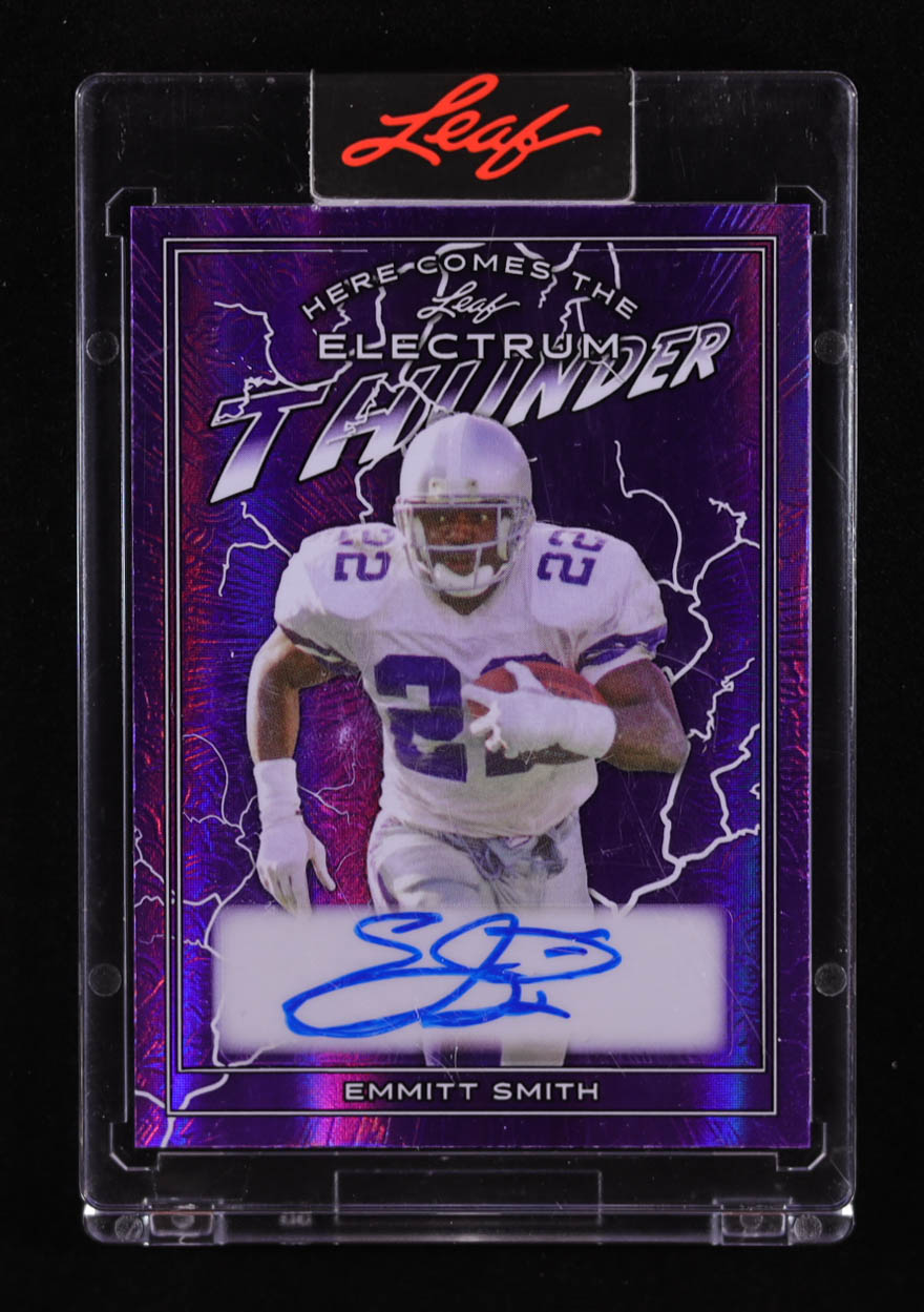 Emmitt Smith Signed 2024 Leaf Electrum Here Comes The Thunder Metal Purple #HCT-ES1 #4/7 at PristineAuction.com Emmitt Smith Signed 2024 Leaf Electrum Here Comes The Thunder Metal Purple #HCT-ES1 #4/7 at PristineAuction.com