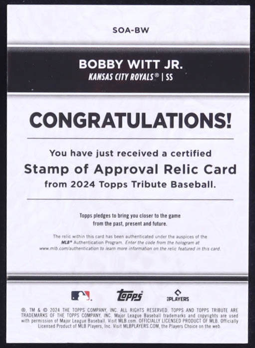 Bobby Witt Jr. 2024 Topps Tribute Stamp of Approval Relics Orange #SOABW #3/25 at PristineAuction.com Bobby Witt Jr. 2024 Topps Tribute Stamp of Approval Relics Orange #SOABW #3/25 at PristineAuction.com