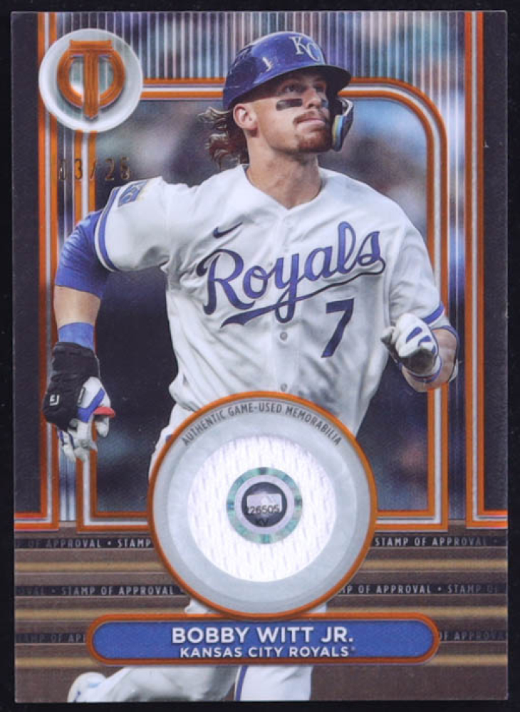 Bobby Witt Jr. 2024 Topps Tribute Stamp of Approval Relics Orange #SOABW #3/25