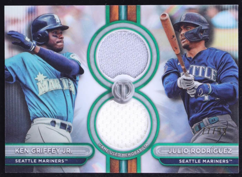 Julio Rodriguez / Ken Griffey Jr. 2024 Topps Tribute Dual Player Relics Green #DR2GR #77/99