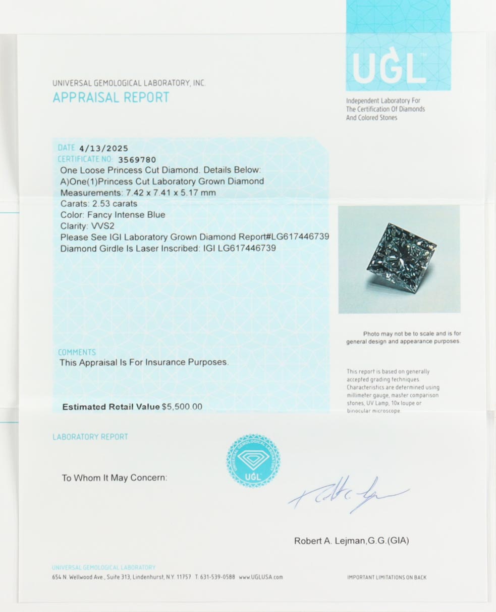 2.53 Carat Loose Lab Grown Fancy Intense Blue Diamond VVS2 | Estimated Retail Value: $5,500 (IGI & UGL) at PristineAuction.com 2.53 Carat Loose Lab Grown Fancy Intense Blue Diamond VVS2 | Estimated Retail Value: $5,500 (IGI & UGL) at PristineAuction.com