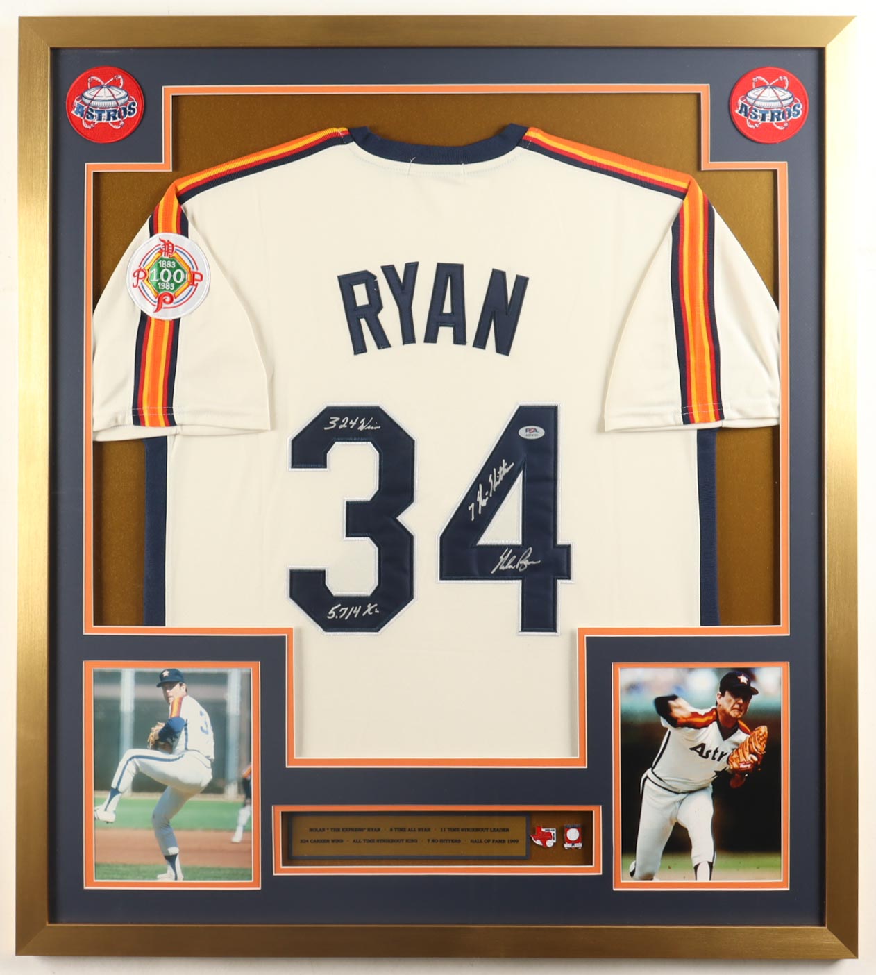 Nolan Ryan Signed Custom Framed Jersey Display With Ryan (300) Wins pin & (6) No-Hitters Pin & Career Stat plaque Inscribed With multiple Inscriptions (PSA) at PristineAuction.com Nolan Ryan Signed Custom Framed Jersey Display With Ryan (300) Wins pin & (6) No-Hitters Pin & Career Stat plaque Inscribed With multiple Inscriptions (PSA) at PristineAuction.com