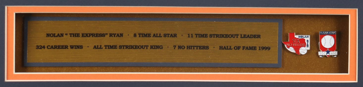 Nolan Ryan Signed Custom Framed Jersey Display With Ryan (300) Wins pin & (6) No-Hitters Pin & Career Stat plaque Inscribed With multiple Inscriptions (PSA) at PristineAuction.com Nolan Ryan Signed Custom Framed Jersey Display With Ryan (300) Wins pin & (6) No-Hitters Pin & Career Stat plaque Inscribed With multiple Inscriptions (PSA) at PristineAuction.com