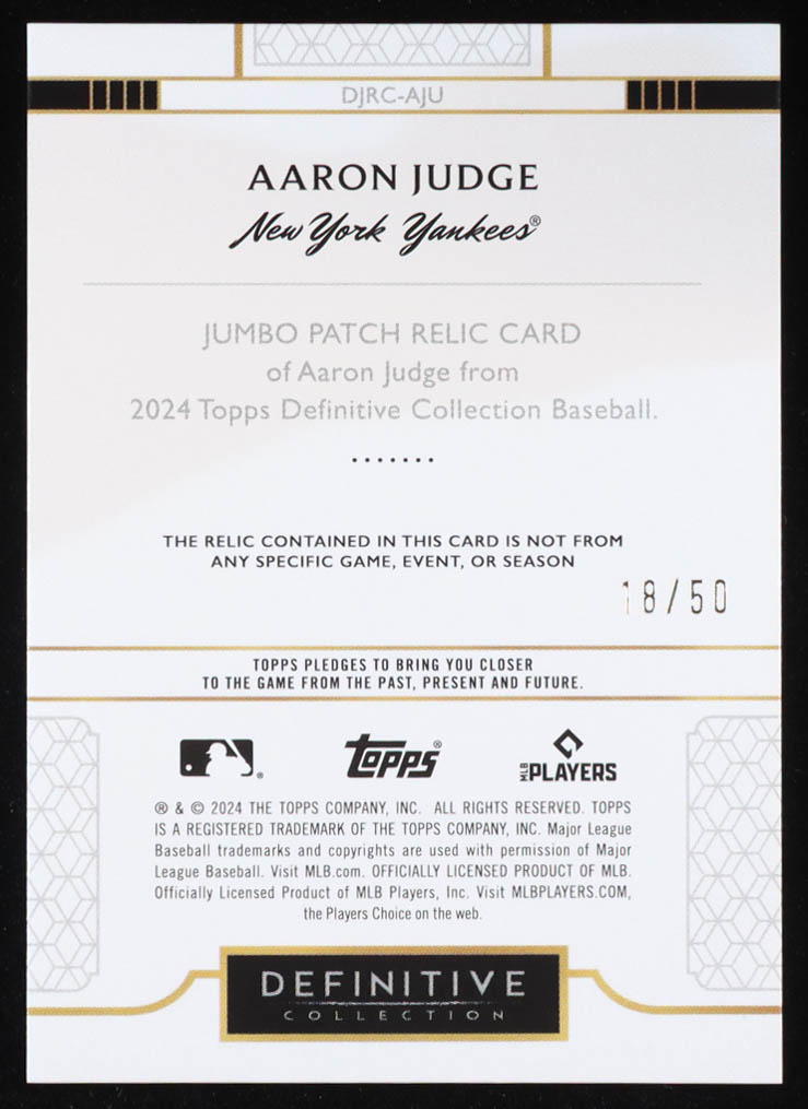 Aaron Judge 2024 Topps Definitive Collection Jumbo Relics #DJRCAJU #18/50 at PristineAuction.com Aaron Judge 2024 Topps Definitive Collection Jumbo Relics #DJRCAJU #18/50 at PristineAuction.com