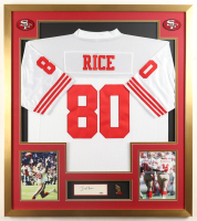 Jerry Rice Signed Custom Framed Cut Display With Jersey, Original 2006 Retirement Pin & (2) 49ers Cloth Logo Patches (PSA) at PristineAuction.com