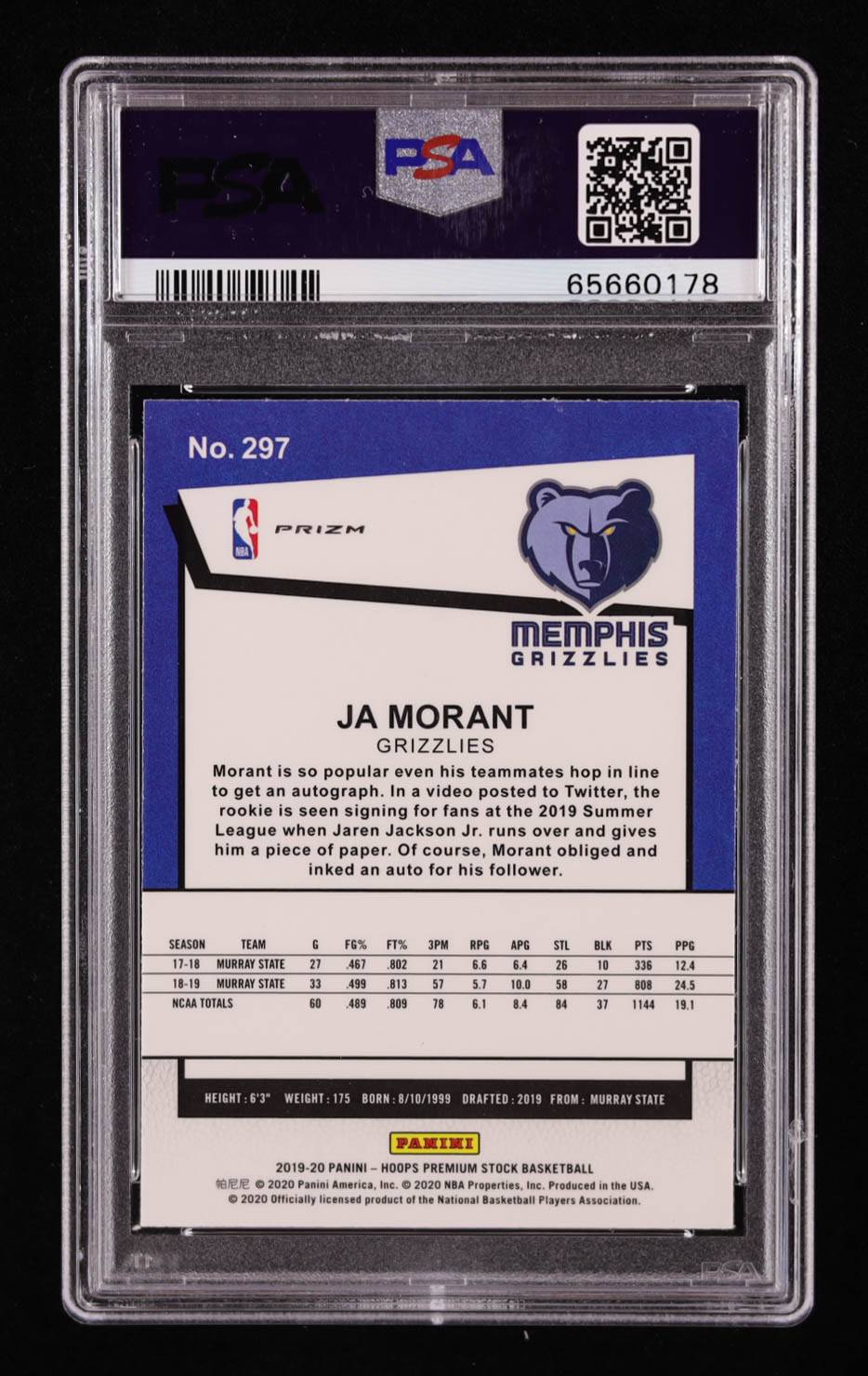 Ja Morant 2019-20 Hoops Premium Stock Prizms Green Cracked Ice #297 RC (PSA 10) at PristineAuction.com Ja Morant 2019-20 Hoops Premium Stock Prizms Green Cracked Ice #297 RC (PSA 10) at PristineAuction.com