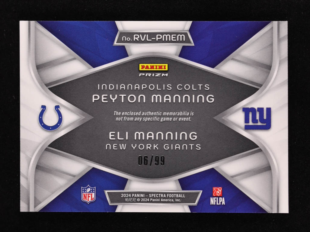 Eli Manning / Peyton Manning 2024 Panini Spectra Rivals Materials #8 #06/99 at PristineAuction.com Eli Manning / Peyton Manning 2024 Panini Spectra Rivals Materials #8 #06/99 at PristineAuction.com