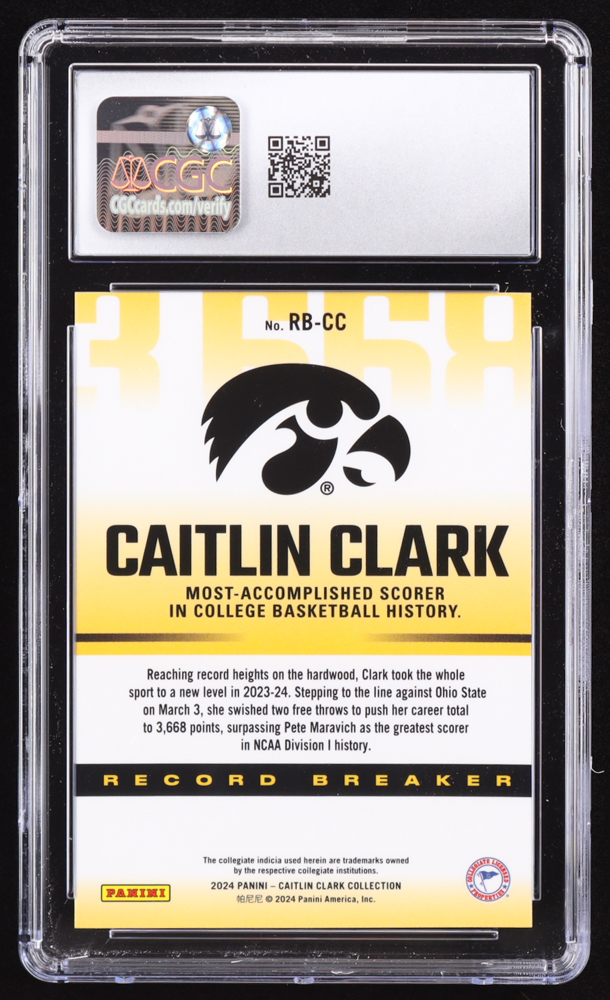 Caitlin Clark 2024 Panini Caitlin Clark Collection Record Breaker #RBCC RC (CGC 10) at PristineAuction.com Caitlin Clark 2024 Panini Caitlin Clark Collection Record Breaker #RBCC RC (CGC 10) at PristineAuction.com