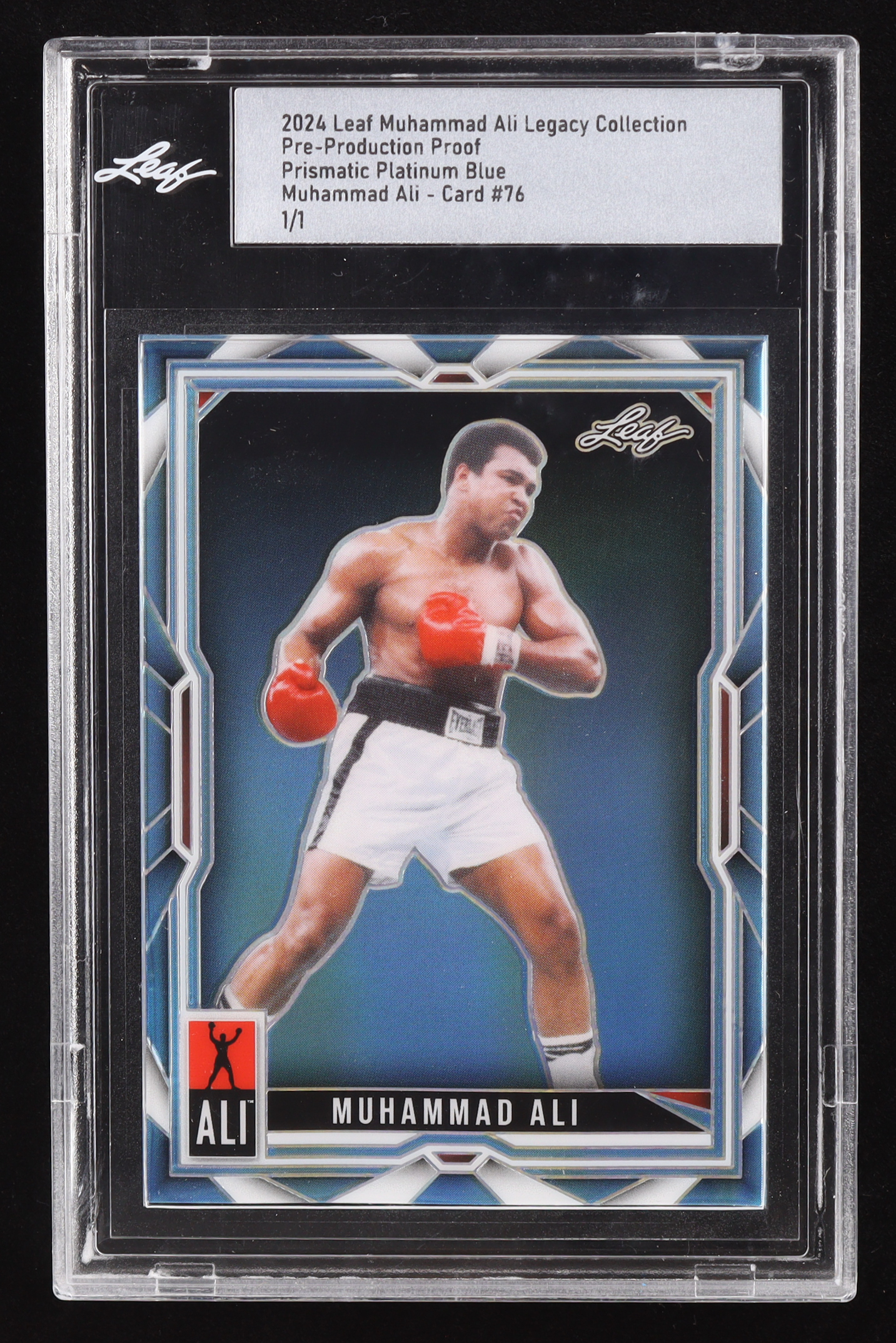 Muhammad Ali 2024 Leaf Muhammad Ali Legacy Collection Pre-Production Proof Prismatic Platinum Blue #76 1/1 (Leaf) at PristineAuction.com Muhammad Ali 2024 Leaf Muhammad Ali Legacy Collection Pre-Production Proof Prismatic Platinum Blue #76 1/1 (Leaf) at PristineAuction.com