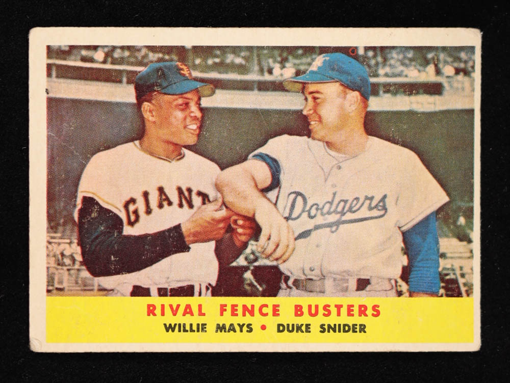 Willie Mays / Duke Snider 1958 Topps #436 / Rival Fence Busters at PristineAuction.com Willie Mays / Duke Snider 1958 Topps #436 / Rival Fence Busters at PristineAuction.com