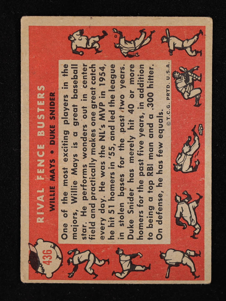 Willie Mays / Duke Snider 1958 Topps #436 / Rival Fence Busters at PristineAuction.com Willie Mays / Duke Snider 1958 Topps #436 / Rival Fence Busters at PristineAuction.com